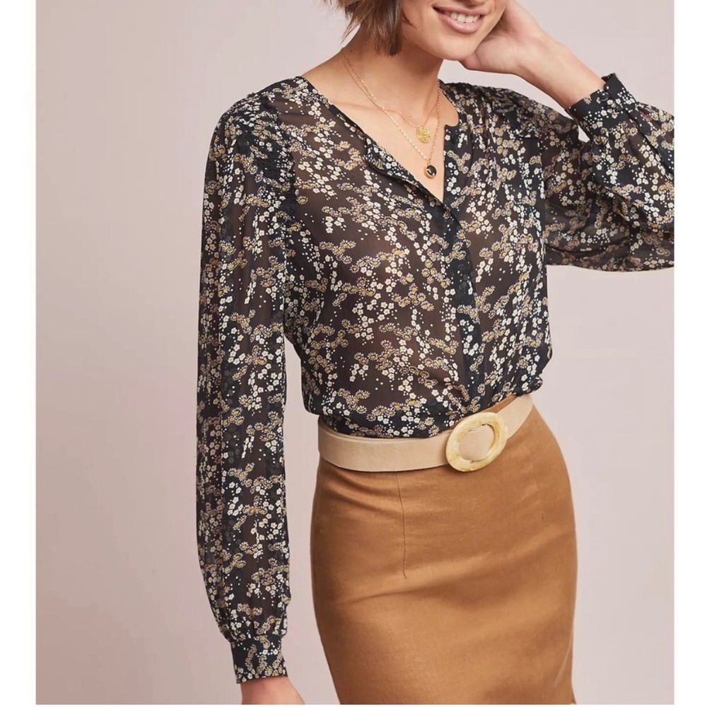 PAIGE Ambrosine Silk Blouse S Georgette Floral Black Sheer Luxury Office Boho